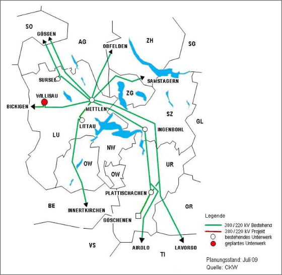220/380-kV-Netz Zentralschweiz: Planungsstand Juli 2009, Quelle CKW