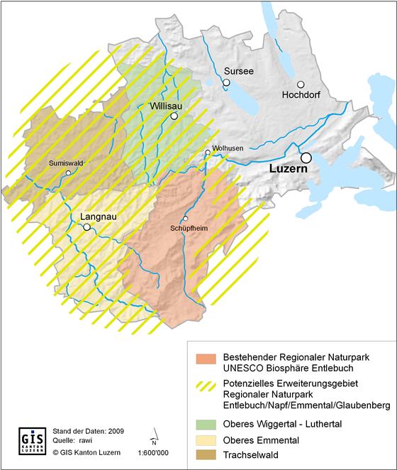 Perimeter des bestehenden Regionalen Naturparks UNESCO-Biosphäre Entlebuch und der potenziellen Erweiterungsgebiete Napf/Emmental und Glaubenberg